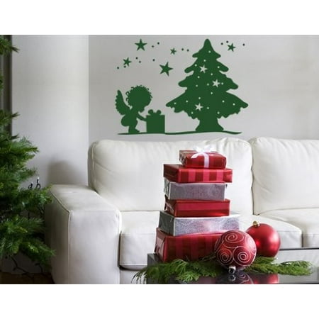 Angel Opening Presents Under Christmas Tree Wall Decal - Wall Sticker, Vinyl Wall Art, Home Decor, Wall Mural - 2159 - 47in x 34in, Hazelnut -  Style and Apply, 861-18489-18474