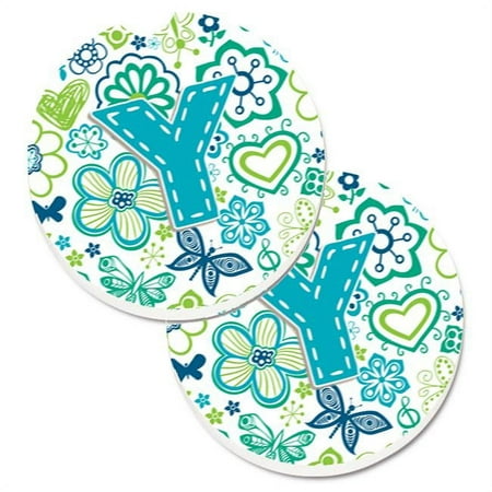 

Letter Y Flowers & Butterflies Teal Blue Set of 2 Cup Holder Car Coaster