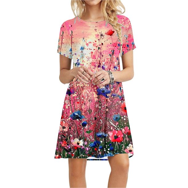 Puntoco Vestido De Manga Corta Para Mujer, Vestido Con Cuello Redondo Y Estampado Floral, Vestido De Manga Corta Con Cuello Redondo, Color Xl,Regalos Para Mujer Joven
