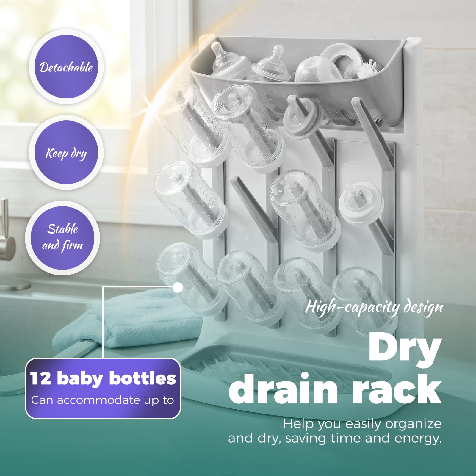 Threns Baby Bottle Drying Rack with 12 Hooks,Space Saving Kitchen Bottles Rack Dryer,Vertical Baby Bottle Holder Organizer for Countertop Storage Accessories