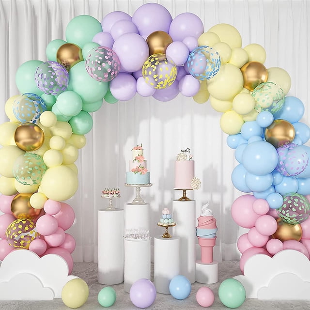 Kit de guirnalda de globos en colores pastel, arco de globos de unicornio y macarrón arcoíris, 135 piezas de globos de confeti dorados coloridos para cumpleaños en colores pastel, baby shower, bo