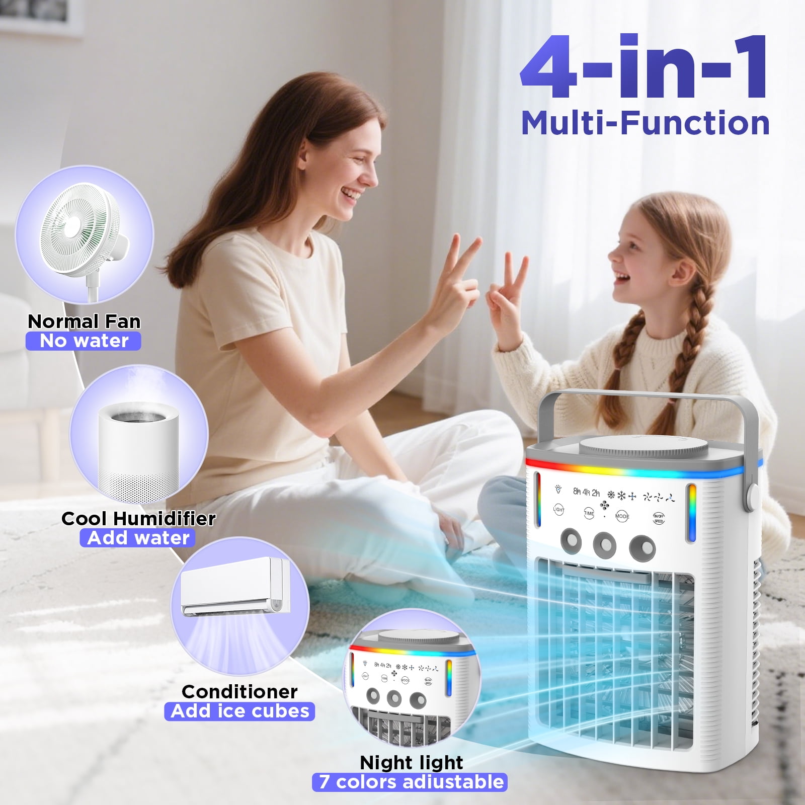2100 RPM Quiet 4-in-1 Portable Cooling Fan with 3 Speeds, 3 Modes, 2-8 Hour Timer, 1000ml Water Tank and Colorful Night Light for Room, Camping, Car, Office Use