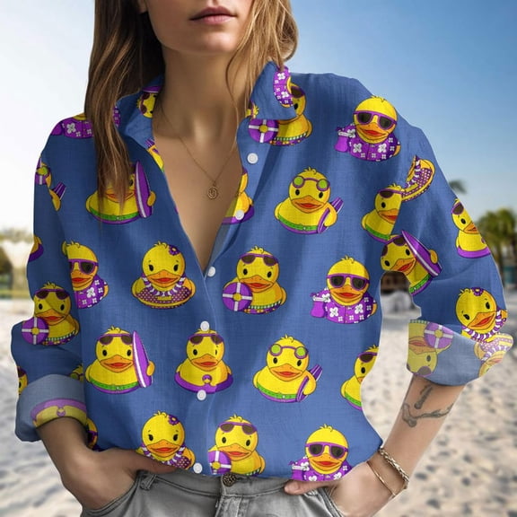 Funny Duck Blouses Shirt, Summer Duck Women Casual Shirt, Women's Clothing, Button Up Shirt, Long Sleeve Shirt, Gift For Her