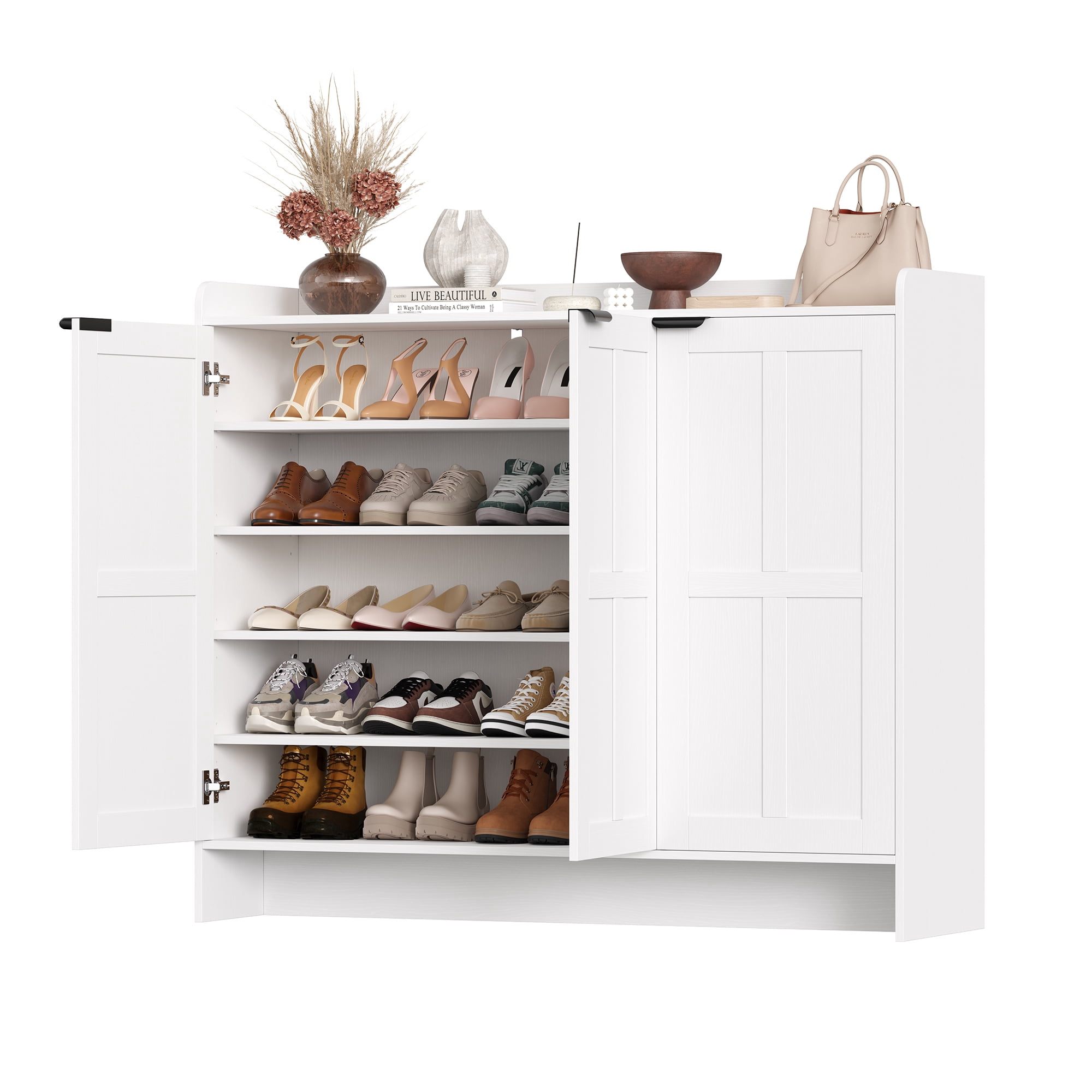 Hiphuta 48" Wide 6-Tier Shoe Cabinet with 4 Adjustable Shelves, Holds Up to 35 Pairs, Farmhouse Wood Grain Shoe Rack Organizer with 3 Doors and Table Top, White