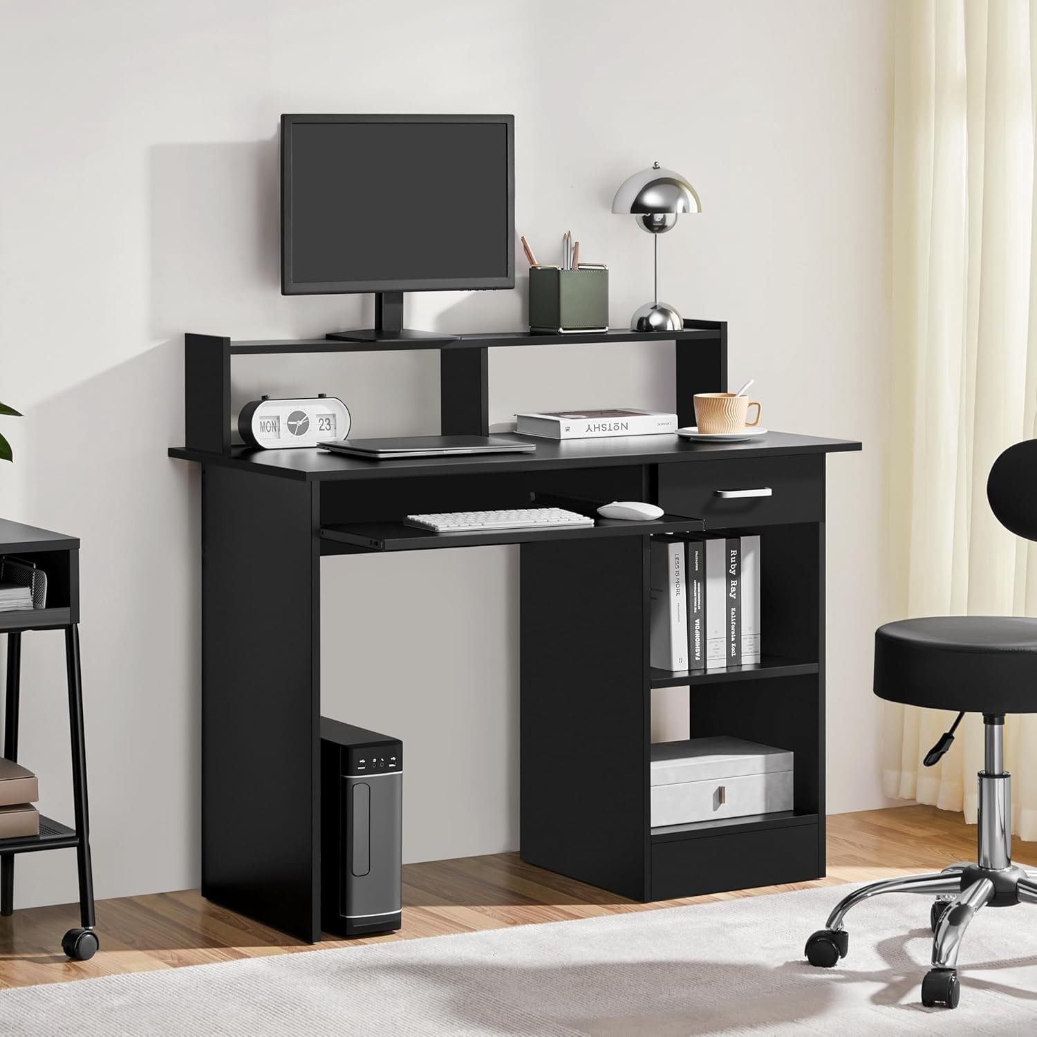 Home Office Wood Computer Desk with Drawers and Pull-Out Keyboard Tray, Study Writing Desk PC Laptop Table with Hutch and Storage Shelves, Modern Workstation, Black