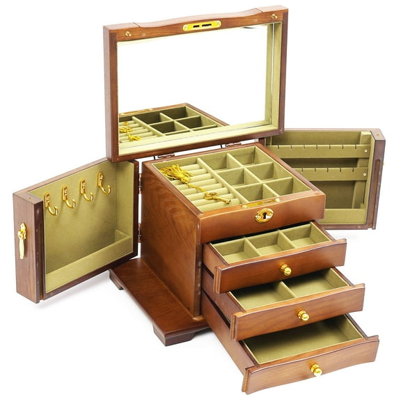 Fichiouy 4-Layer Wooden Jewelry Box Lockable Organizer with Drawers&Mirror for Jewelries Ring Necklace Watches