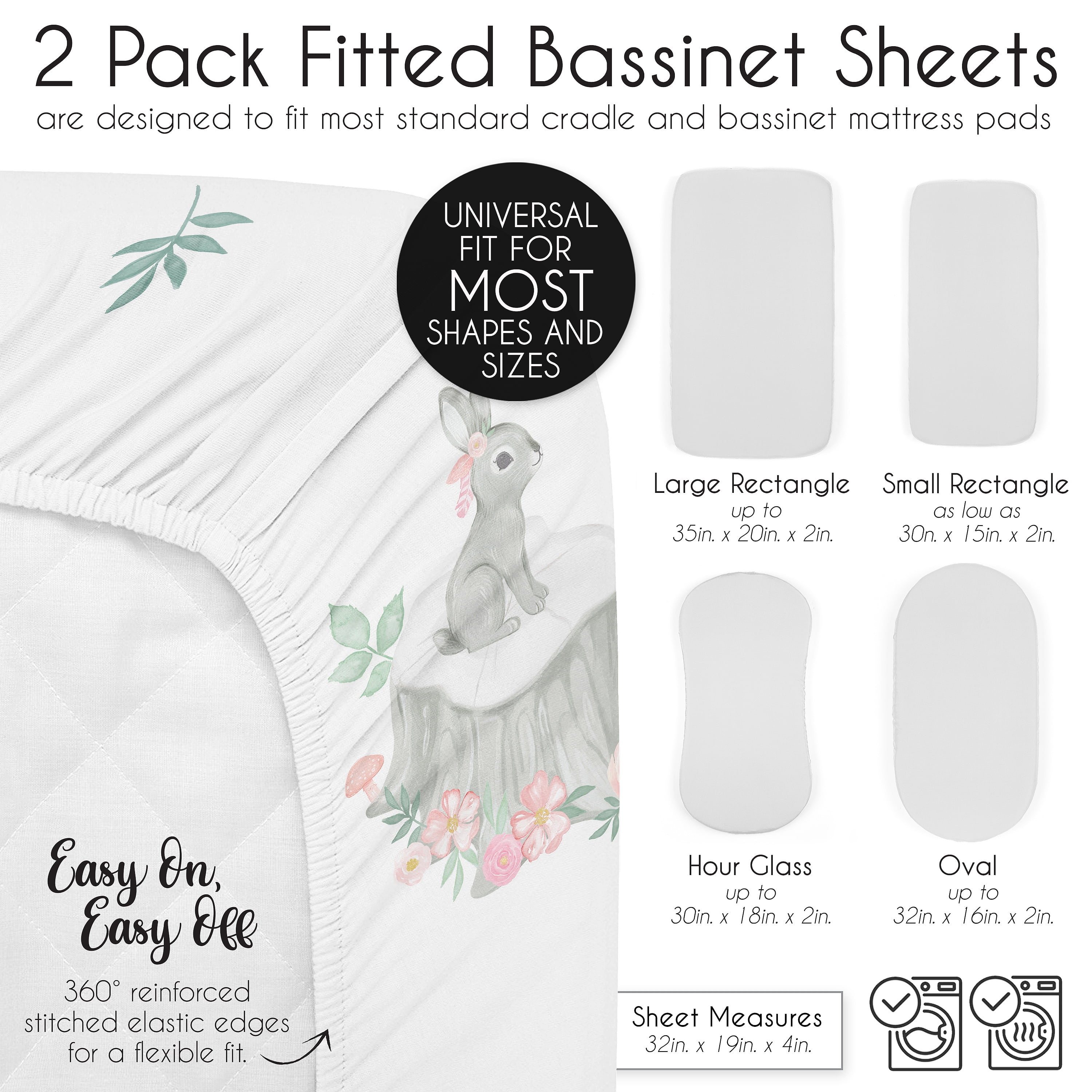 Sweet Jojo Designs Bunny Floral Girl Baby Bassinet Fitted Sheets Set 2 Piece