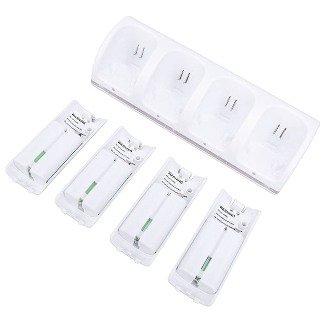 Wii/Wiiu Remote Charging Kit featuring a 4-port USB charging station dock in white, designed to charge up to 4 Wii remote controllers simultaneously. Includes 4 high-capacity 2800mAh rechargeable replacement batteries, a 4.9ft USB power cable, and a wall adapter. The dock has LED charge indicators that display red while charging and blue when fully charged. Made from durable ABS material, it offers a practical and reliable solution for storing and charging Wii remotes.