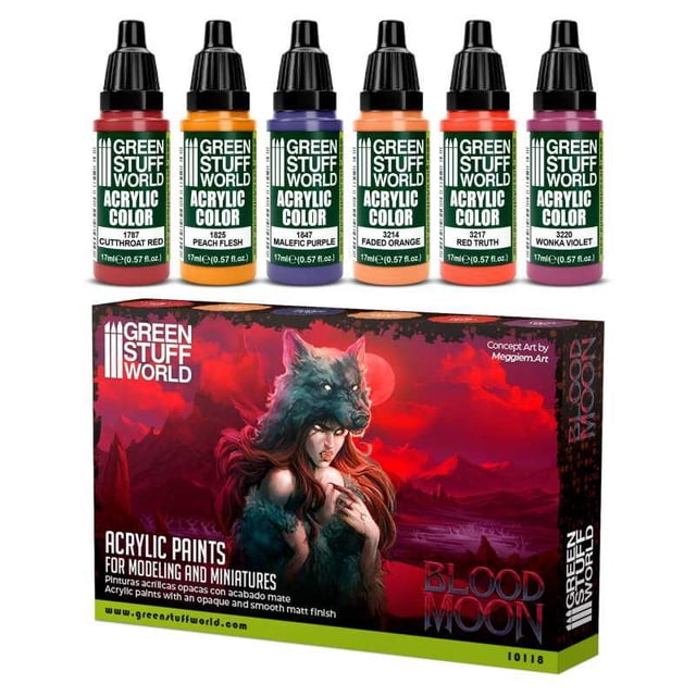 Green Stuff World Blood Moon Acrylic Paint Set, 6 Colors x 17ml for Miniatures & Models
