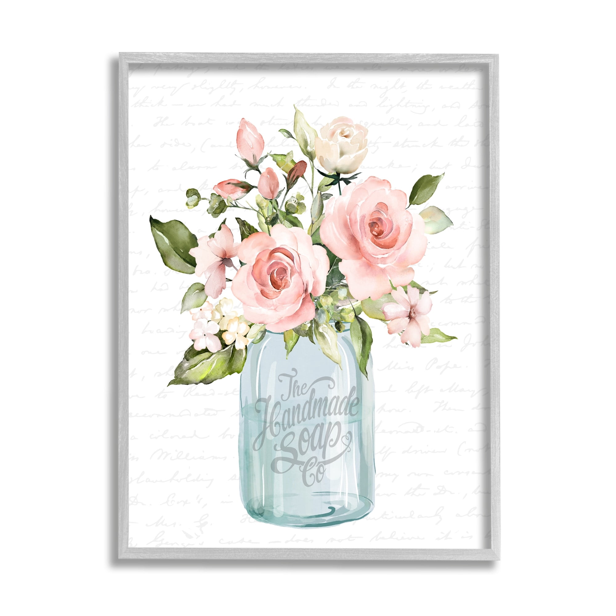Stupell Industries Pink Rose Blooms Country Vase Patterned Script Graphic Art Gray Framed Art Print Wall Art, Design by Lettered and Lined