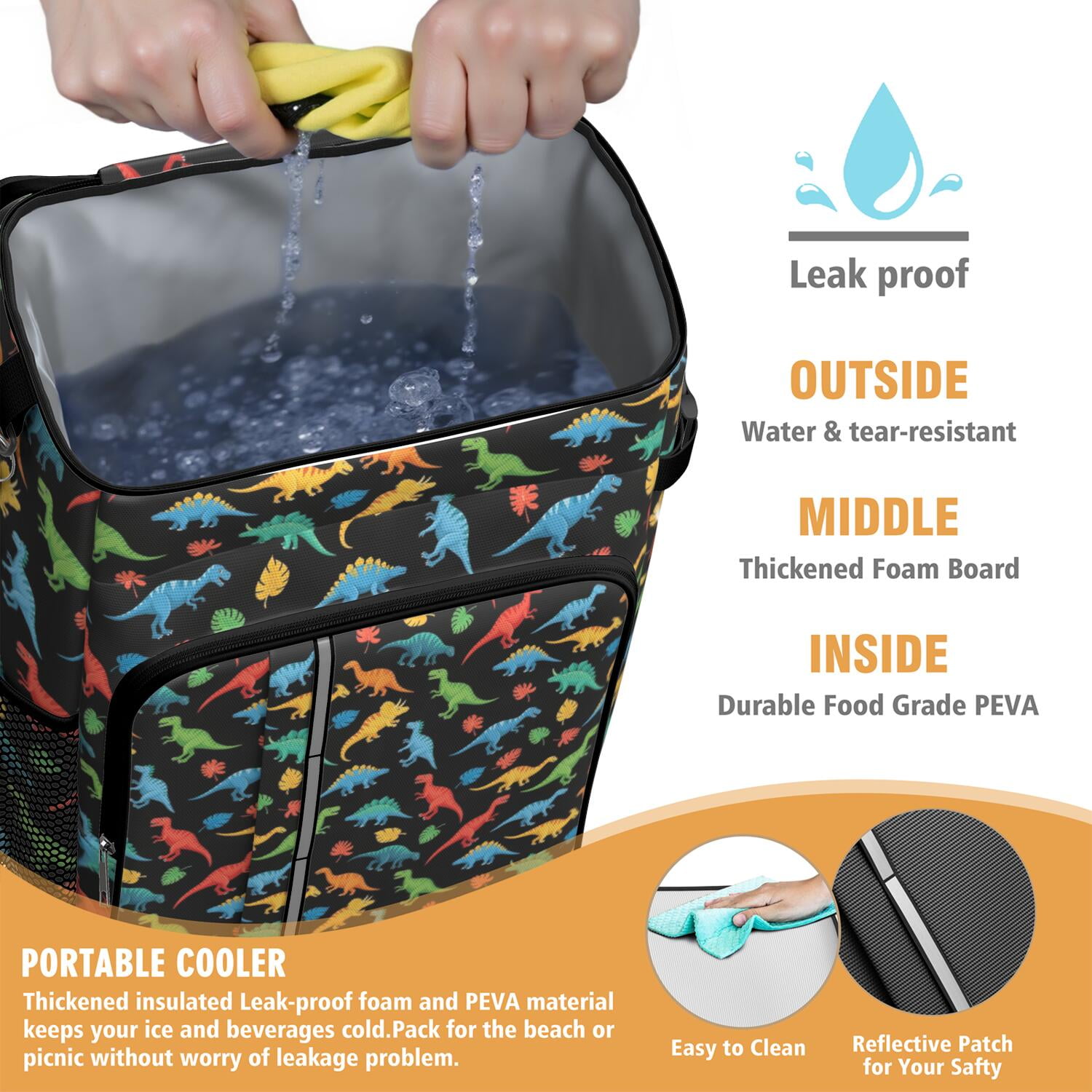 Travel Cooler Bag - Black Cartoon Dinosaurs Colorful Leaves Pattern Camping Beer Cooler Backpack with Bottle Opener- Waterproof Insulated Picnic Backpacks - Cooler Bag for Beach