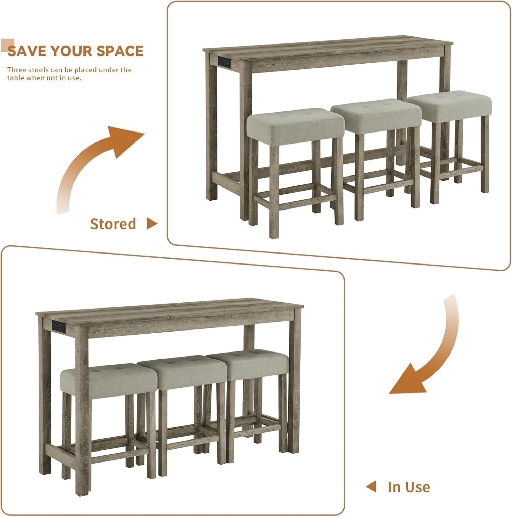 AENKYO 4-Piece Bar Table Set with Charging Station, 59" Counter Height Table and 3 Upholstered Stools for Small Space, Brown