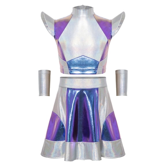 iiniim Girls 3 Pieces Halloween Alien Cosplay Outer Space Outfit Cap Sleeve Glossy Color Block Top and Skirt with Oversleeves for Role Play Party Colorful 6