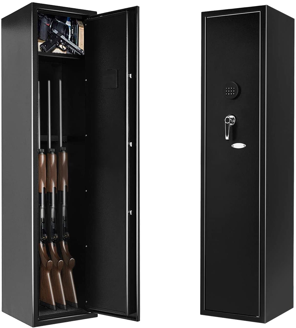 Gun Cabinet Display Case Key Lock Wood Firearms Storage Shotgun Long Rifle Safe 