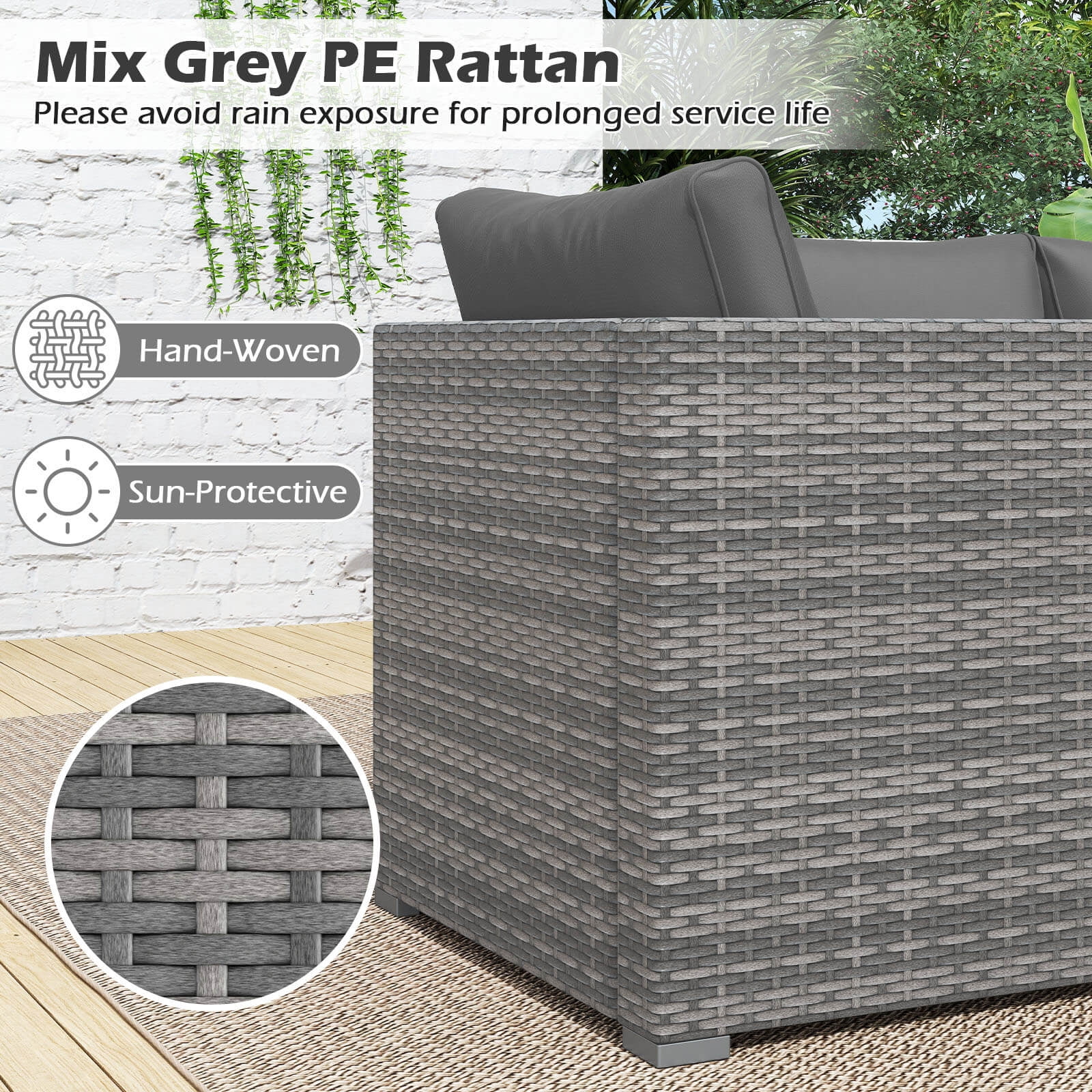 Costway 3PCS Patio Sectional Sofa Set, PE Rattan Modular Couch Furniture Set with Cushions Gray + Mix Gray