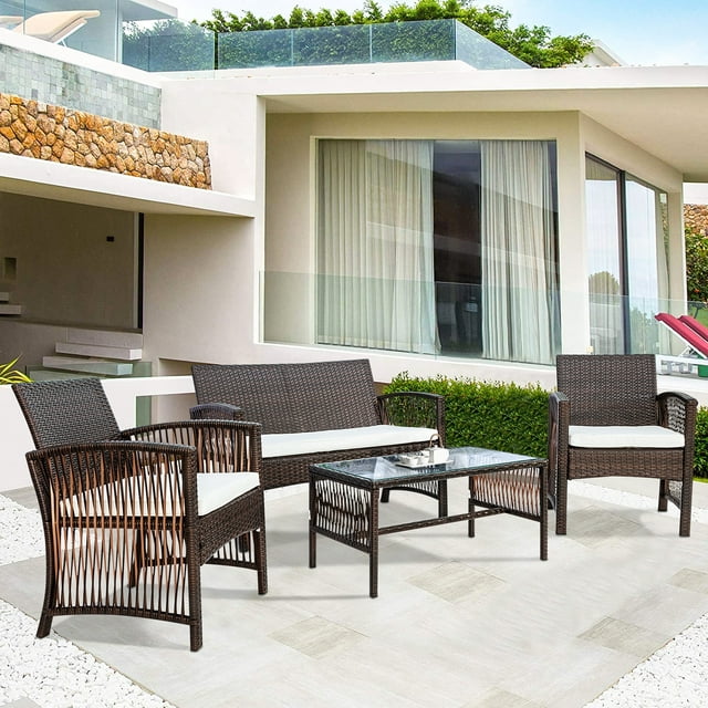 4-Piece Patio Furniture Chair Sets, SEGMART Rattan Wicker Leisure Rattan Chair Wicker Set with Loveseat and 2 Single Chairs, Leisure Outdoor Chairs with Soft Cushion and Glass Table, Brown, S708
