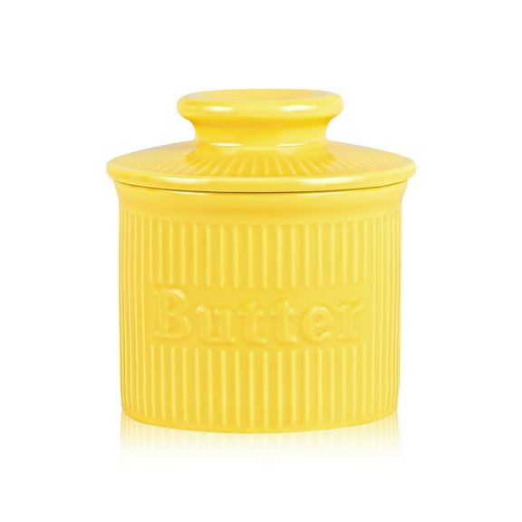 French Butter Holder with Water Line for Table and Centerpieces, Porcelain Butter Pot, Striped Outside, Yellow