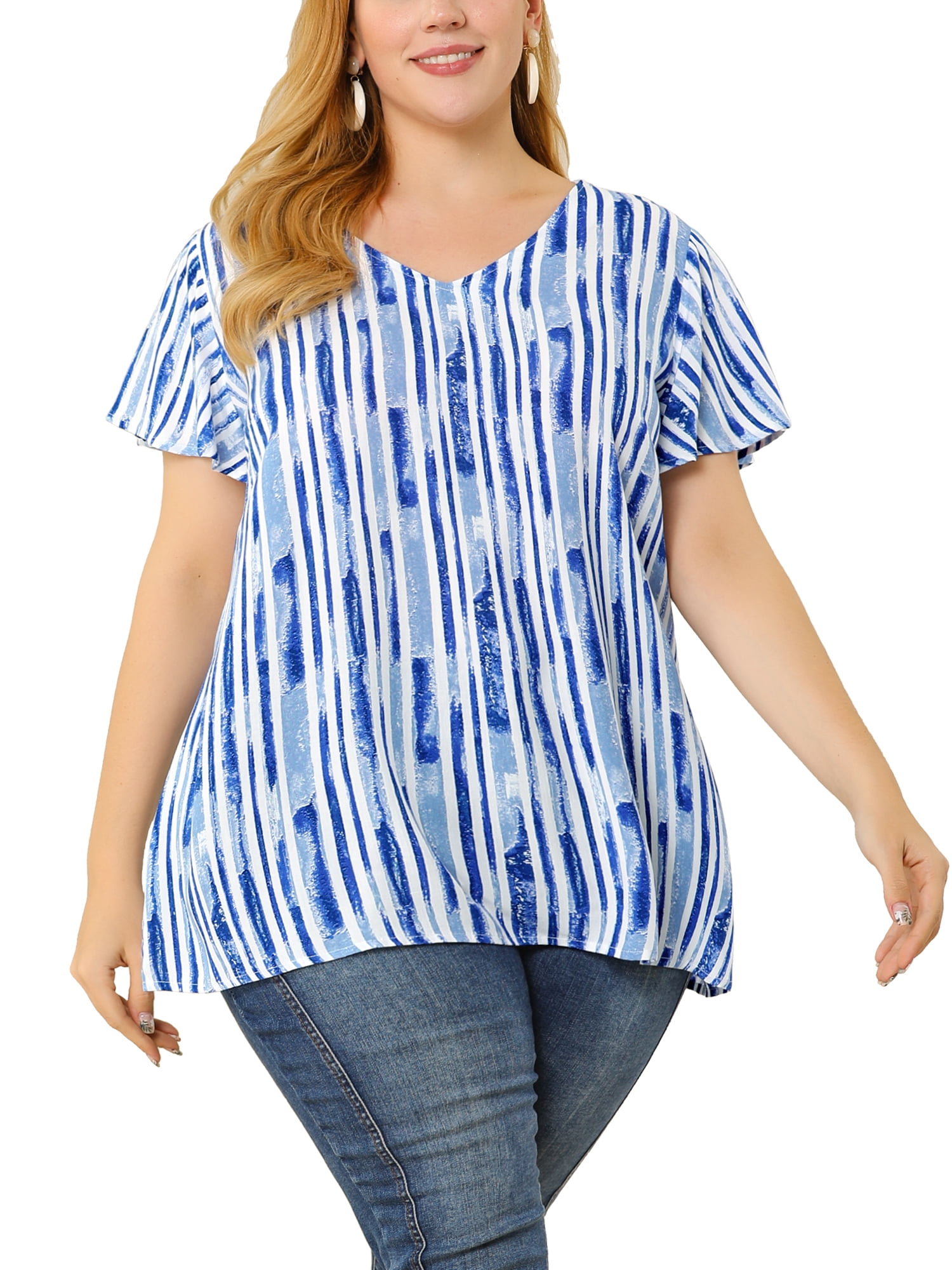 Unique Bargains Women's Plus Size Blouses Short Sleeve Loose Stripe Top