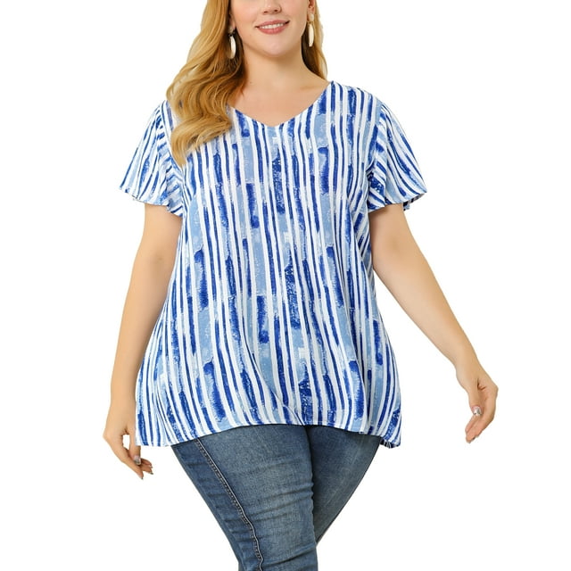 GRACE & GRANDEUR Women's Plus Size Ruffle Sleeve Loose Stripes Tops