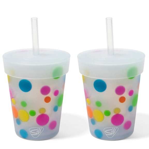 Silipint: Kids Straw Tumblers 8oz: 2 Pack - Polka Dots - Silicone Unbreakable Cups w/ No Leak Lids, Hot & Cold, Dishwasher-Microwave-Freezer-Oven Safe
