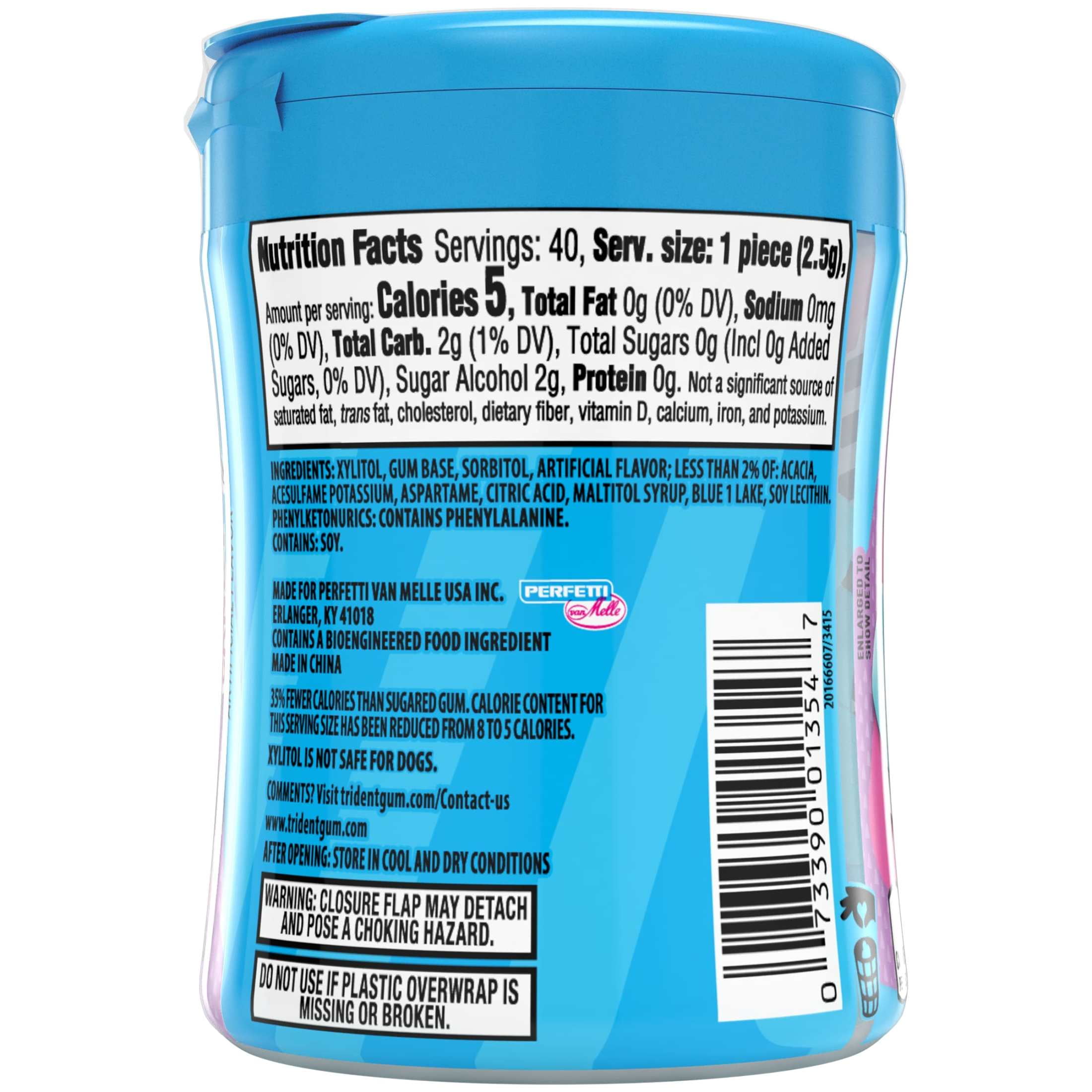 Trident Vibes Sugar Free Gum, Cotton Candy, Regular Size, 40 Piece Bottle
