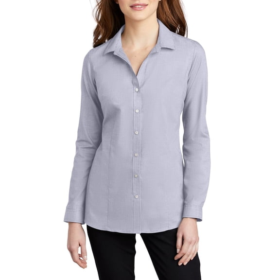 Just Blanks Ladies Pincheck Easy Care Shirt, Gusty Grey/ White, 4XL