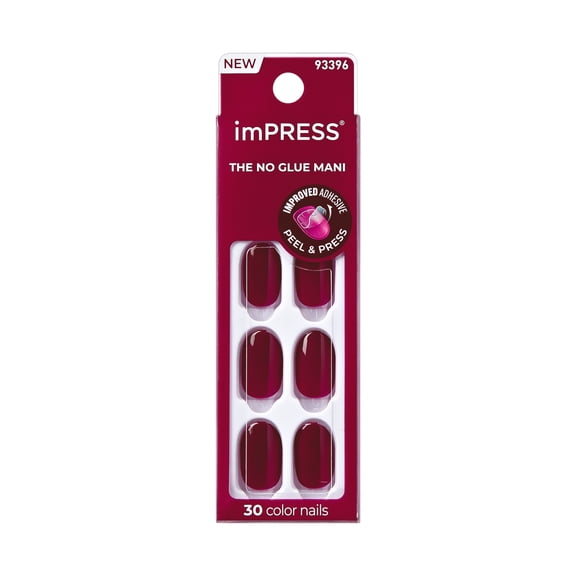 Kiss Impress Color Short Oval Press on Nails, Solid Red, 30 Pieces