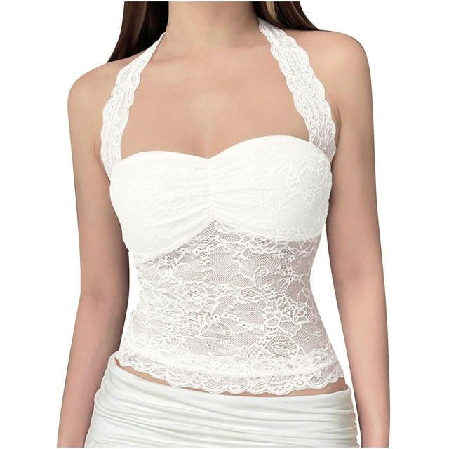 Tops For Women, Halter Neck Lace See Through Blouse, Off Shoulder Sleeveless Top For Summer Going Out