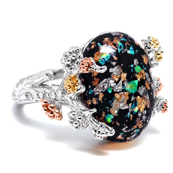 Henrietta Tree Branch Flower Black Sterling Silver Simulated Opal Ring