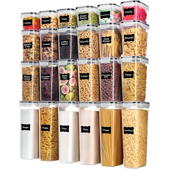 Airtight Food Storage Containers with Lids, Vtopmart 24 pcs Plastic Kitchen and Pantry Organization Canisters for Cereal, Dry Food, Flour and Sugar, BPA Free, Includes 24 Labels，Black: Home & Kitchen