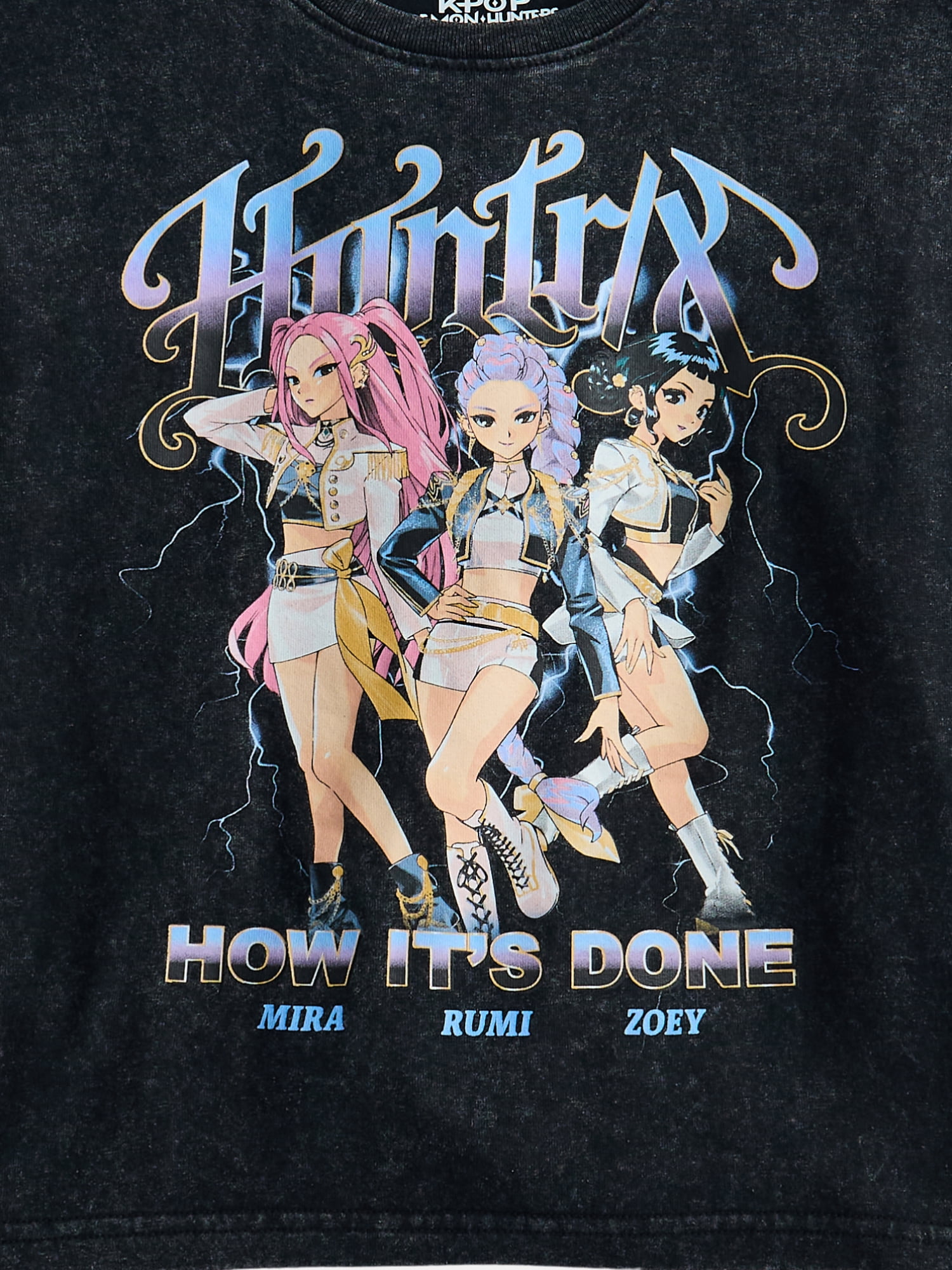 K Pop Demon Hunters Girl’s Boxy Mineral Washed Halloween Crewneck Tee with Short Sleeves, Sizes 4-16