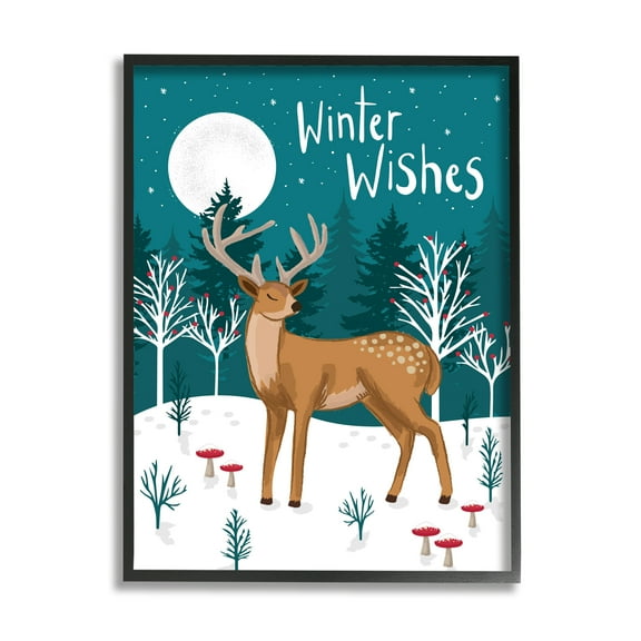 Stupell Industries Winter Wishes Saying Midnight Reindeer Forest Landscape Animals & Insects Painting Black Framed Art Print Wall Art, 11 x 14