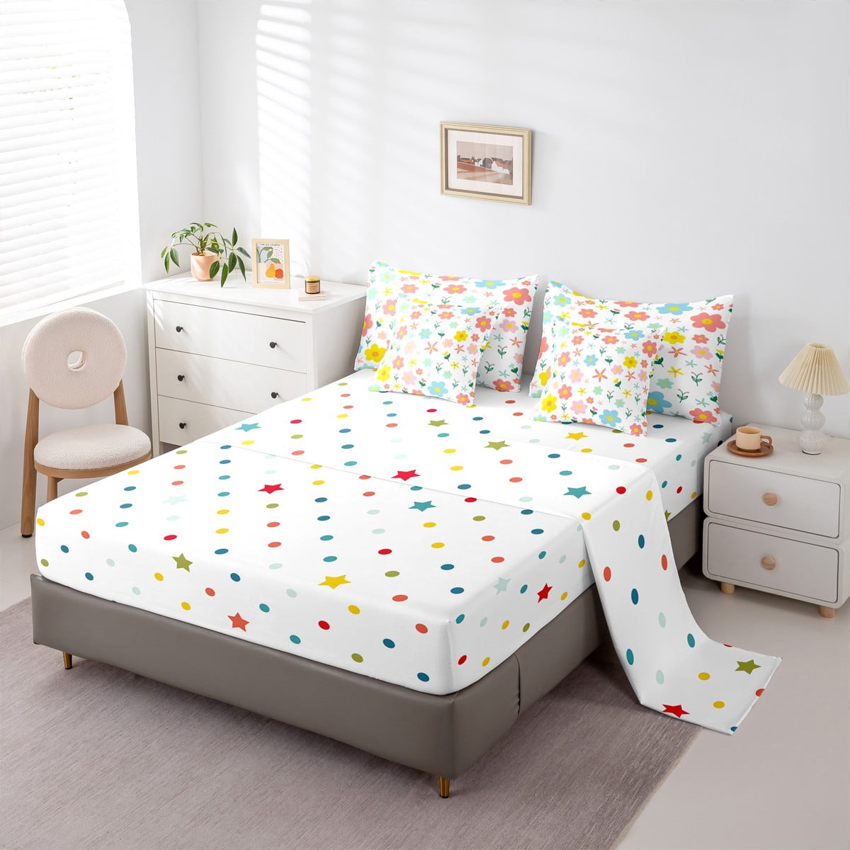 jejeloiu Kawaii Floral Daisy Bedding Comforter Set 7 Pieces,Botanical Flower Leaves Full Bedding Set,White Pink Yellow Fitted Sheet Flat Sheet For Girls,Breathable Bedroom Decor Reversible