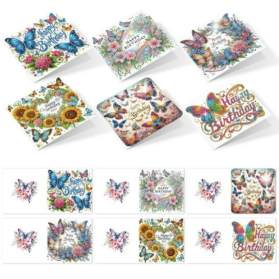 6pcs Diamond Painting Kit Greeting Card, Butterfly Sunflower 5D DIY Diamond Handmade Holiday Greeting Card with Envelope, Christmas Gift Congratulation