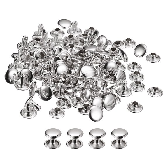 100 Sets Leather Rivets 9mm Double Cap Rivets 8mm Height Metal Studs Rivet, Silver Tone