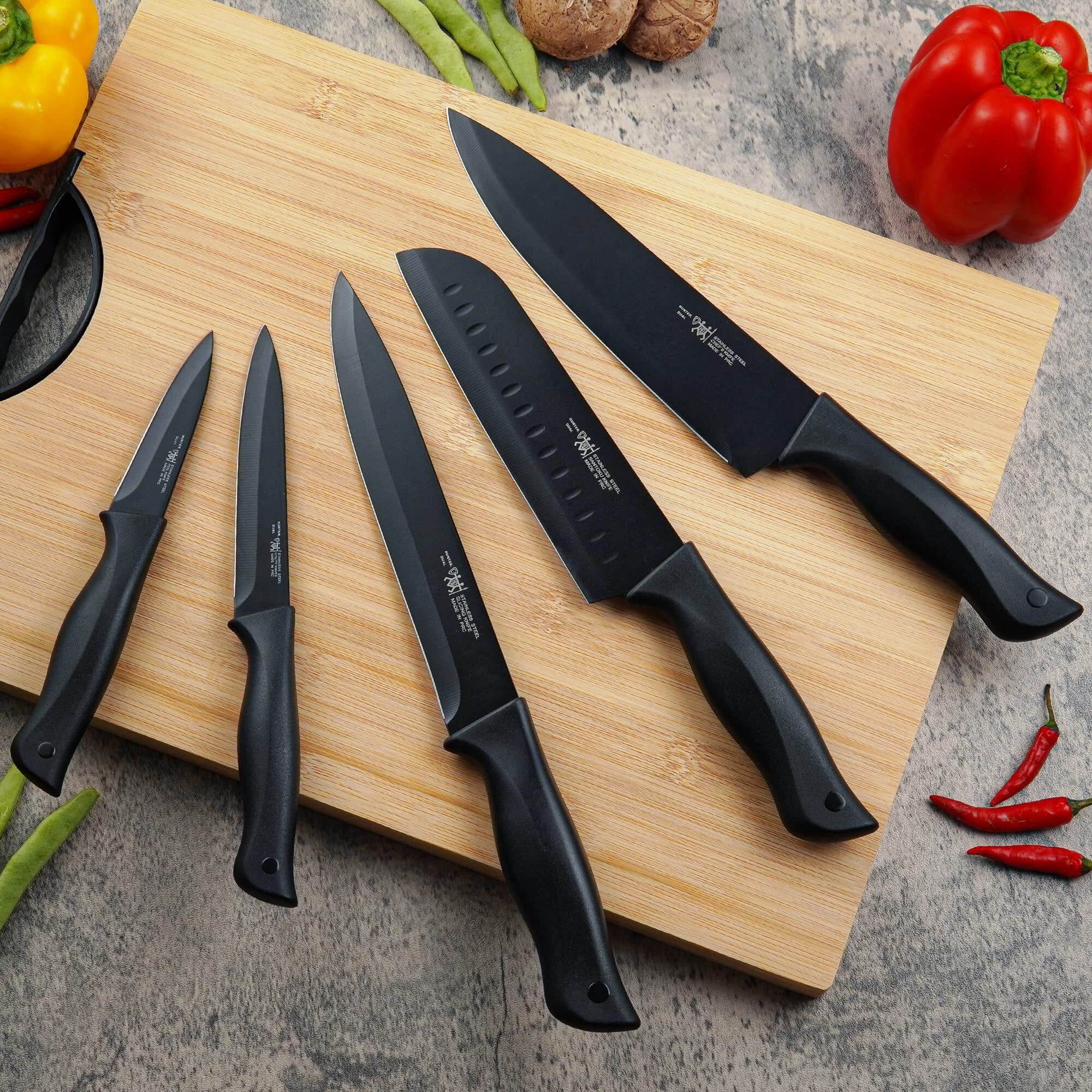 Knife Sets for Kitchen with Block, HUNTER.DUAL 15 Pcs Kitchen Knife Set with Block Self Sharpening, Dishwasher Safe, Anti-slip Handle, Black