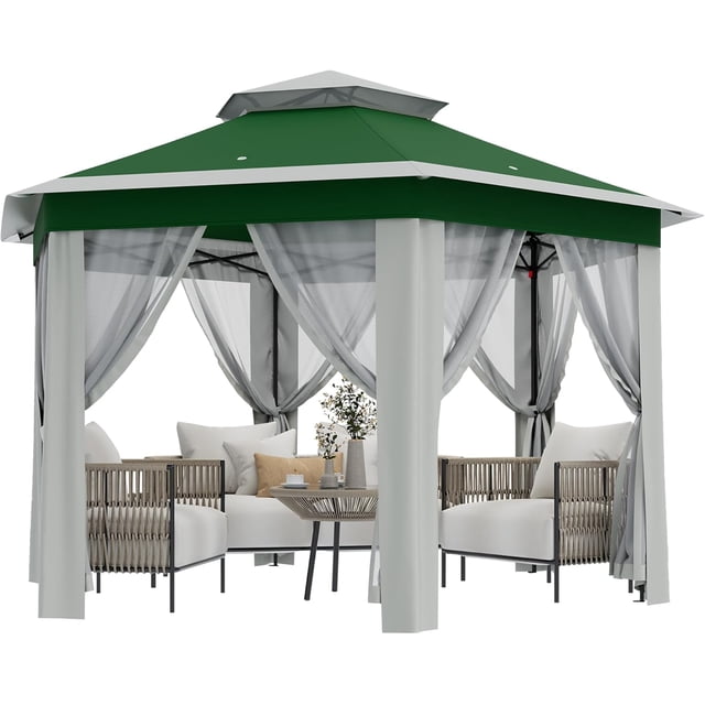 Gazebo Escamotable 13 X 13 Pi, Tente Extérieure Instantanée à un Clic avec Moustiquaire, 3 Hauteurs Réglables, Cadre Robuste, Sac à Roulettes