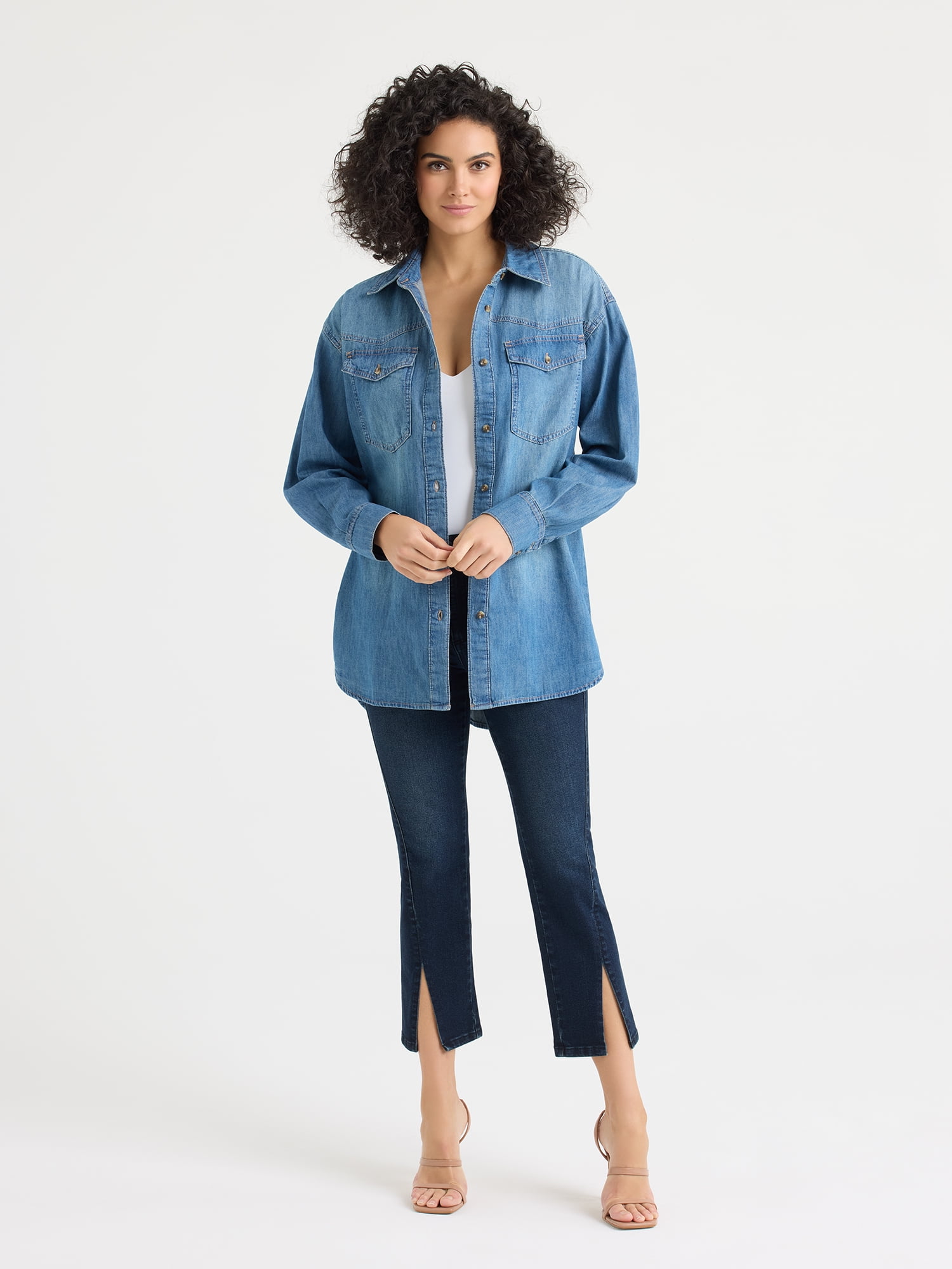 Sofia by Sofia Vergara Women's and Women's Plus Sofia Oversized Boyfriend Shirt with Long Sleeves, Sizes XS-4X