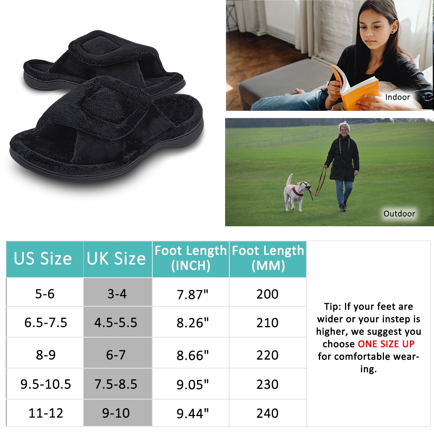 Women's Arch Support Diabetic Slippers Memory Foam House Shoes Orthotic Heel Cup Arthritis Edema Slippers with Adjustable Strap, Black 9.5/10.5