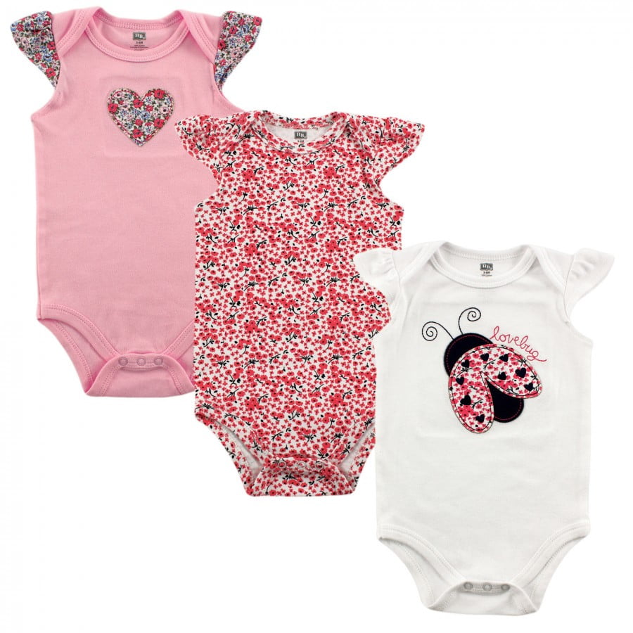 Hudson Baby Summer Baby Girls 3 Pack Pink Love Bug Sleeveless Bodysuits 