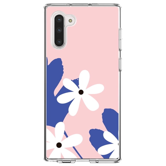 DistinctInk Clear Shockproof Hybrid Case for Samsung Galaxy Note 10 (6.3" Screen) - TPU Bumper, Acrylic Back, Tempered Glass Screen Protector - Summer Vibes Bold Flower Pink White Blue
