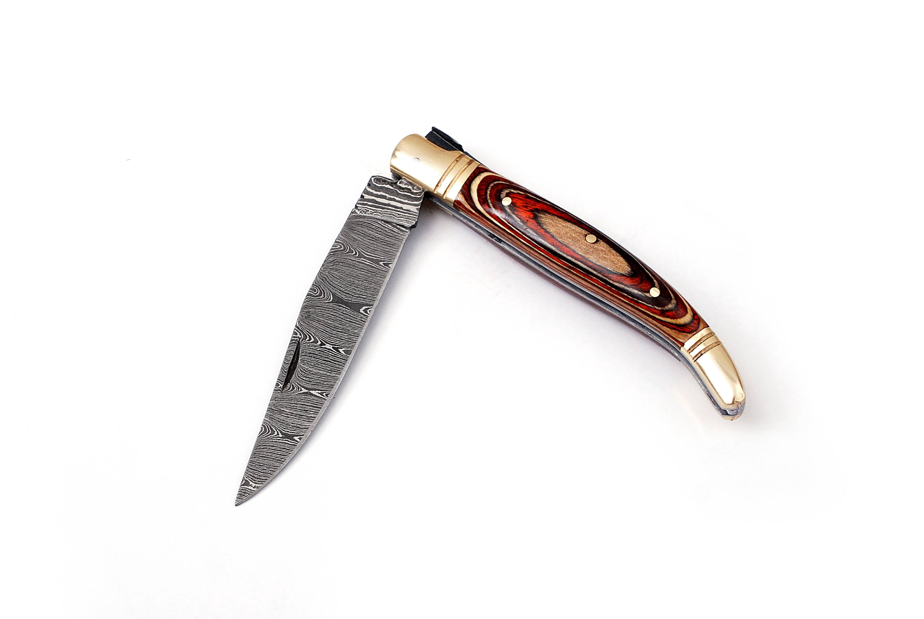 Damascus steel folding knife with leather sheath, 8.5 inches long laguiole pocket knife with 4 inches long Damascus steel Blade, 4.5 inches Brown multi shade wood scale with Brass bolster and pommel
