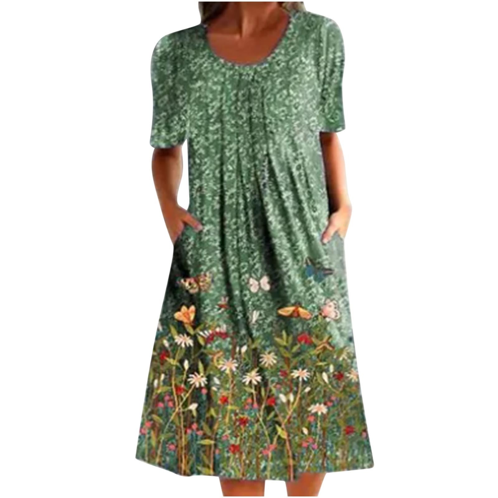 Zhifulu Summer Dresses for Women 2022-Summer Dress for Women Floral Print Pleated Tunic Knee-Length Dresses Cewneck Short Sleeve Pocket Swing Top Midi Dress