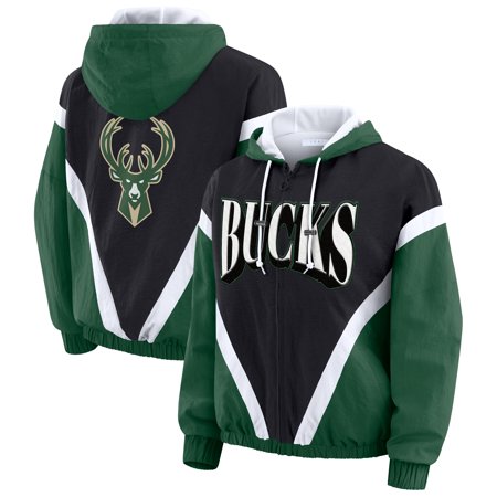 Women s WEAR by Erin Andrews Black/Hunter Green Milwaukee Bucks Colorblock Full-Zip Hoodie Windbreaker Jacket