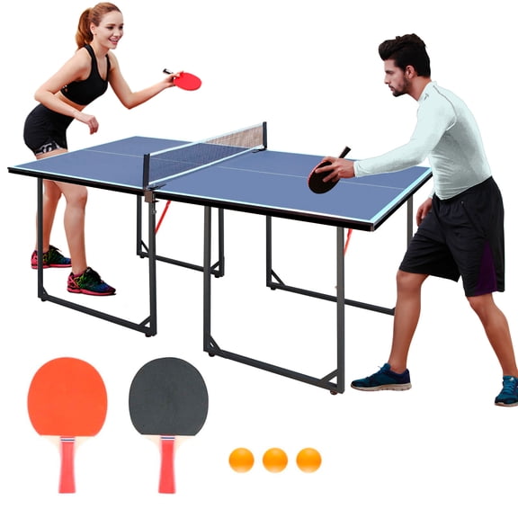 HooKung 6FT Mid-Size Table Tennis Table, Foldable & Portable Ping Pong Table Set for Indoor & Outdoor Games with Net, 2 Table Tennis Paddles and 3 Balls