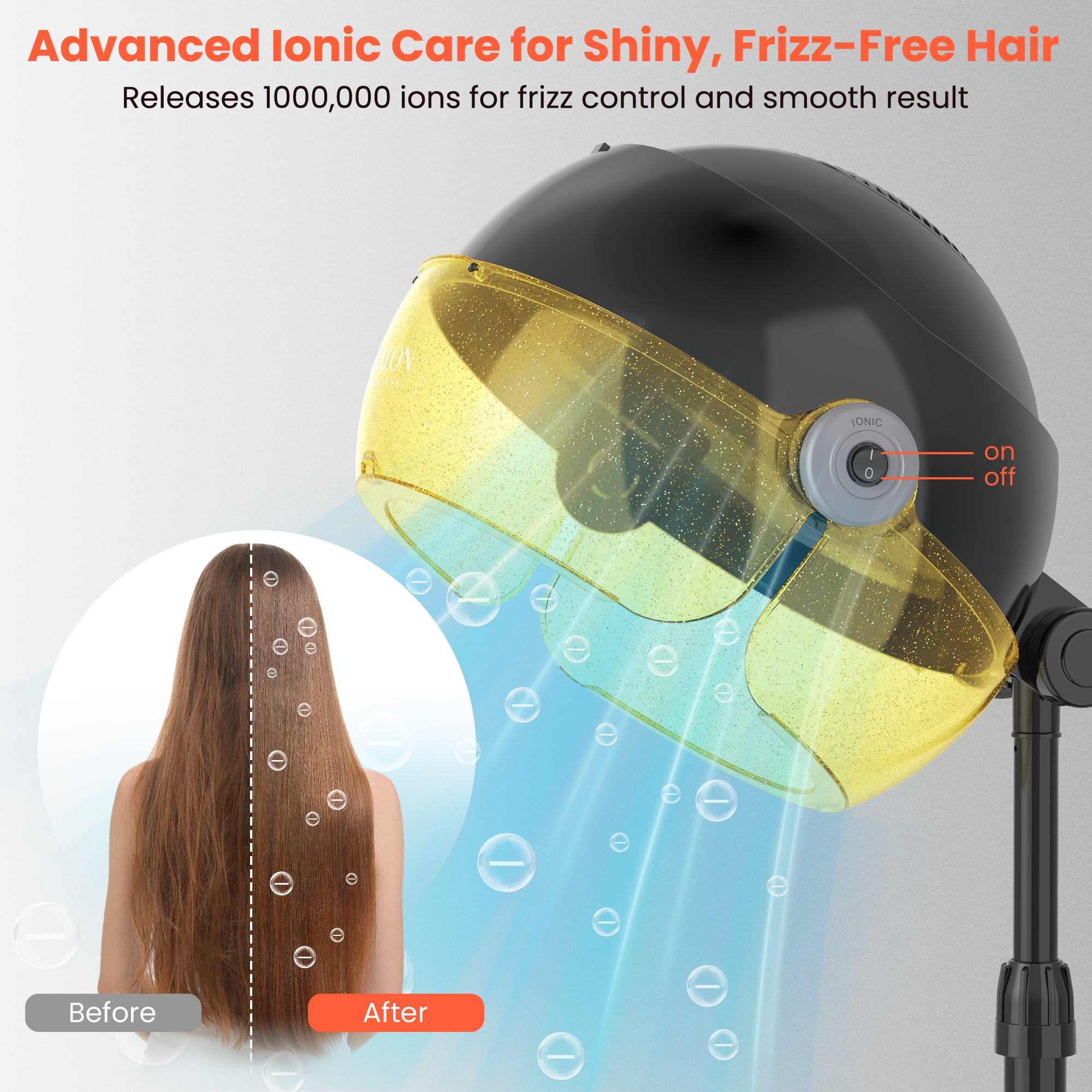 TASALON 1875W Ionic Hood Hair Dryer with Adjustable Stand, 3 Temperature Settings, Rolling Wheels, and Timer-Gold