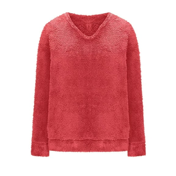 Fiaer Women Pullover Sweaters Fuzzy Oversized V Neck Long Sleeve Loose Fit Trendy Solid Warm Winter Tops Red XL