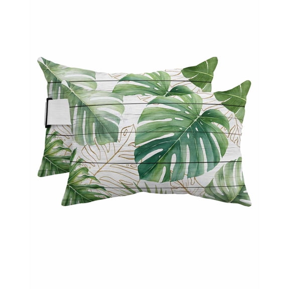Pack of 4 Outdoor Lumbar Pillow Covers 12x20 Inch, Summer Tropical Waterproof Throw Pillow Covers Set, Farmhouse Botanical Leaves Wooden Indoor&Outdoor Decorative Cushion Cases for Patio Porch Car