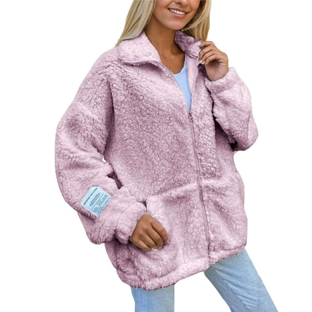 Chaqueta Informal de Gran Tamaño para Mujer, Abrigo de Felpa con Solapa, Cremallera y Bolsillos, para Otoño e Invierno. Rosa M