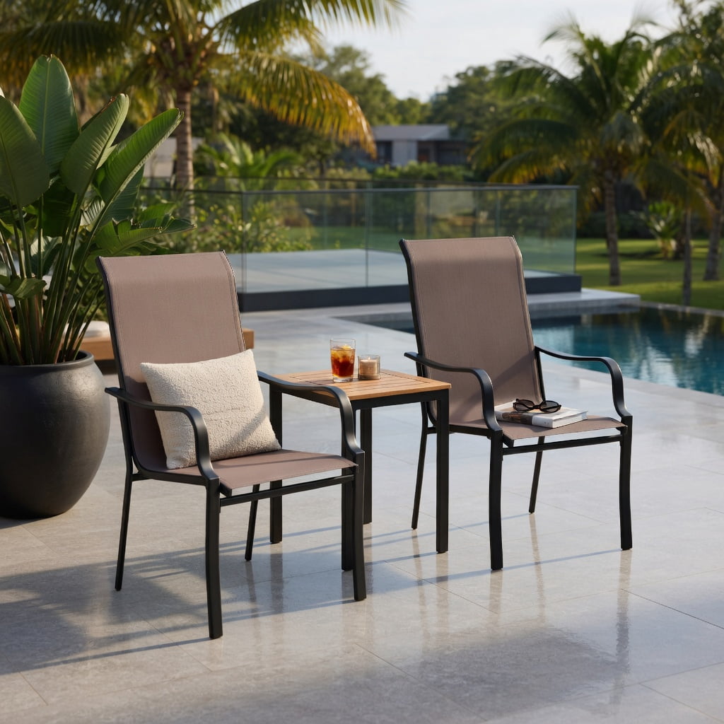 Hommoo 2-Pack Outdoor Dining Chairs, Wide Seat, Heavy-Duty Metal Frame, Breathable Mesh Back, Patio Chairs for Deck, Garden, Porch, Brown & Black